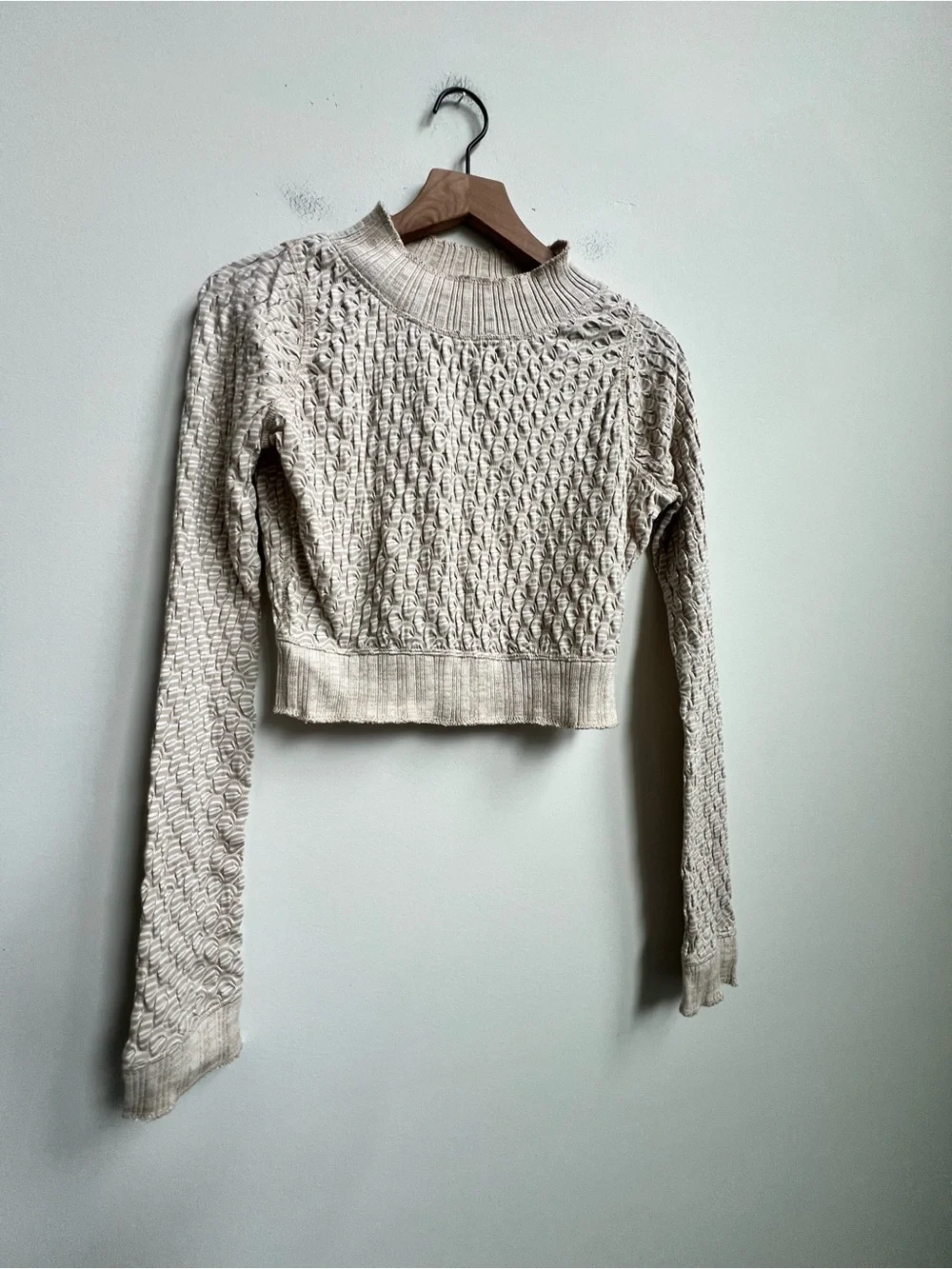New Free People Jane Printed Crop Top Tee Long Sleeve Oatmeal Stretch Knit Small